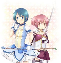  2girls bad_id bad_pixiv_id blue_eyes blue_flower blue_hair blue_rose bow_(weapon) bubble_skirt cape commentary_request cosplay costume_switch flower gloves kaname_madoka kaname_madoka_(magical_girl) kirikuchi_riku magical_girl mahou_shoujo_madoka_magica mahou_shoujo_madoka_magica_(anime) miki_sayaka miki_sayaka_(magical_girl) multiple_girls pink_eyes pink_hair rose short_hair short_twintails skirt sword thighhighs twintails weapon zettai_ryouiki 