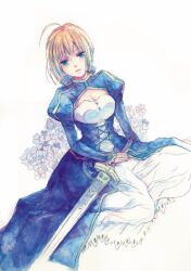  ahoge artoria_pendragon_(fate) bad_id bad_pixiv_id blonde_hair blue_eyes dress fate/stay_night fate_(series) female hair_ribbon norino_moto ribbon saber_(fate) solo 