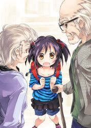  2boys backpack bag cane chiba_(city) commentary_request female glasses hair_ribbon ichijou_ai matsudo_(chiba) multiple_boys nanaroku_(fortress76) official_art old old_man open_mouth original photoshop_(medium) public_service_announcement randoseru ribbon short_twintails shorts striped twintails two_side_up 