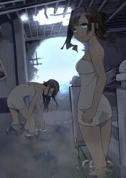  2girls absurdres bad_id bad_pixiv_id black_hair blue_eyes dark flood highres hole kiya_machi leaning_forward long_hair looking_back multiple_girls naked_towel original partially_submerged ruins sky smile stairs towel wading water 