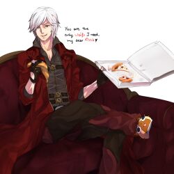  1boy animal_slippers bad_deviantart_id bad_id blue_eyes cat_slippers coat dante_(devil_may_cry) devil_may_cry_(series) english_text facial_hair felyne food gloves heart holding holding_food holding_pizza mai_waifu male_focus monster_hunter_(series) naso4 overcoat pants pepperoni_pizza photoshop_(medium) pizza pizza_box slippers solo stubble white_hair 