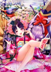  :d bare_legs barefoot bird black_hair blush body_writing commentary_request convenient_leg cup feet female flower hair_ornament hairclip head_tilt highres holding holding_cup japanese_clothes kimono leg_lift leg_up open_mouth original petals pink_eyes sakazuki sitting smile soles solo tengu toe_scrunch toes translation_request yamabushi_tengu yuuki_rika 