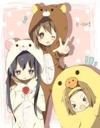  &gt;_&lt; 3girls animal_costume bear bear_costume bird black_hair brown_eyes brown_hair buttons chick closed_eyes commentary_request hirasawa_yui k-on! long_hair migu_(migu_room) multiple_girls nakano_azusa rilakkuma san-x short_hair tainaka_ritsu twintails 