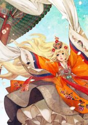  blonde_hair blue_eyes commentary_request female flower frills gathers hair_flower hair_ornament hanbok hwalot korean_clothes long_hair nayoung_wooh petals photoshop_(medium) seeu solo very_long_hair vocaloid wind 