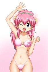  bikini blue_eyes commentary_request commission commissioner_upload female flower galaxy_angel goriate hair_flower hair_ornament hairband long_hair milfeulle_sakuraba one_eye_closed pink_bikini pink_hair solo swimsuit waving 