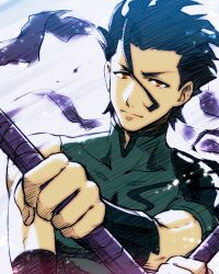  1boy black_hair commentary_request diarmuid_ua_duibhne_(lancer)_(fate) fate/zero fate_(series) itsuki_(nightlight) male_focus orange_eyes photoshop_(medium) polearm solo weapon 