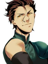  1boy armor bad_id bad_pixiv_id black_hair closed_mouth diarmuid_ua_duibhne_(lancer)_(fate) fate/zero fate_(series) male_focus mole mole_under_eye portrait s_gentian smile solo yellow_eyes 