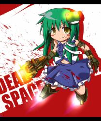  bare_shoulders blood blush boots commentary_request dead_space detached_sleeves female frog gloves green_hair hair_ornament hair_tubes honehone kochiya_sanae long_hair skirt smile snake solo touhou yellow_eyes 