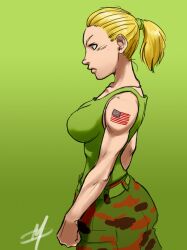  american_flag american_flag_tattoo bad_deviantart_id bad_id blonde_hair breasts female genderswap_(mtf) green_background guile large_breasts military muscular photoshop_(medium) polarityplus ponytail profile rule_63 solo street_fighter tattoo 