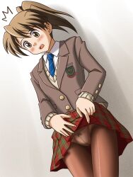  blue_necktie blush brown_eyes brown_hair brown_pantyhose clothes_lift commentary_request crotch_seam female lielos necktie open_mouth original panties panties_under_pantyhose pantyhose poniko_(lielos) ponytail school_uniform skirt skirt_lift solo thigh_gap underwear 