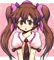  bad_id bad_pixiv_id blouse brown_eyes brown_hair female hair_ribbon hat himekaidou_hatate long_hair necktie open_mouth qontamblue ribbon shirt solo tokin_hat touhou twintails upper_body 