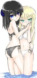  2girls bikini black_hair blonde_hair blue_eyes borrowed_character braid commentary_request glasses green_eyes hug long_hair looking_at_viewer luisa_stradivari meme_reyes multiple_girls pixiv_robot_wars short_hair side-tie_bikini_bottom sidorov smile swimsuit 