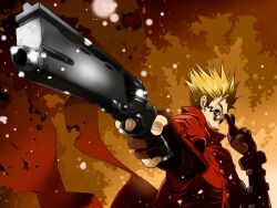  1boy blonde_hair blue_eyes commentary_request fingerless_gloves gloves gun korean_commentary male_focus manly sakichi solo sunglasses trigun vash_the_stampede weapon 