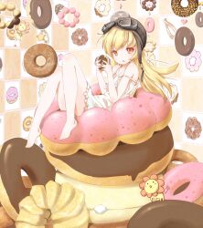  bakemonogatari barefoot blonde_hair churro commentary_request doughnut dress female food french_cruller giwa goggles helmet long_hair mister_donut monogatari_(series) old-fashioned_doughnut oshino_shinobu oversized_object pon_de_kinako_crunch pon_de_lion pon_de_ring pon_de_strawberry solo strap_slip yellow_eyes 