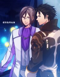  2boys alvin_(tales) balan brown_hair coat commentary_request cousins earrings glasses jewelry male_focus multiple_boys red_eyes sng tales_of_(series) tales_of_xillia 