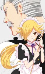  1boy aizawa_shouko blonde_hair bracelet commentary_request facial_hair female grey_hair hair_over_one_eye jewelpet_(series) jewelpet_sunshine jewelry long_hair maid maid_headdress maro_nie master_(jewelpet) moustache mouth_hold neck_ribbon old old_man purple_ribbon ribbon 