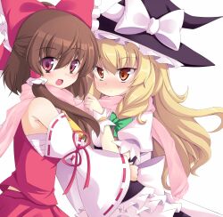  2girls :&lt; bad_id bad_pixiv_id blonde_hair blush bow brown_eyes brown_hair commentary_request curiosities_of_lotus_asia detached_sleeves hair_tubes hairbow hakurei_reimu hat hat_bow highres hug imminent_kiss kazami_chiu kirisame_marisa long_hair multiple_girls open_mouth red_eyes sarashi scarf shared_clothes shared_scarf short_hair sidelocks simple_background touhou upper_body white_bow witch_hat wrist_cuffs yuri 