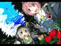  2girls commentary_request green_eyes hat komeiji_koishi komeiji_satori letterboxed multiple_girls pink_eyes pink_hair siblings sisters third_eye touhou white_hair yuuma_(noel) 