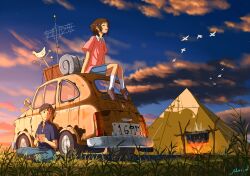  1boy anemometer bird book brown_hair campfire car closed_eyes cloud commentary evening female fire from_ground grass highres mac_naut motor_vehicle on_vehicle original outdoors radio_antenna reading short_hair signature sitting sky tent twilight weather_vane 