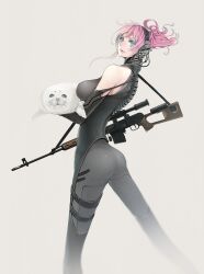  ass bare_shoulders blue_eyes bodysuit breasts bullpup dragunov_svd elbow_gloves female gloves gun highres large_breasts md5_mismatch nicole nicole_pmonachi original pink_hair rifle seal short_hair simple_background slender_waist smile sniper_rifle solo suppressor weapon 