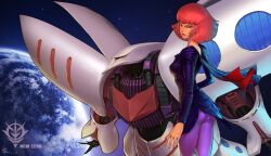  1980s_(style) ass cape commentary_request earth_(planet) female gundam haman_karn mecha namiko_(zxbvincent) pink_hair planet qubeley retro_artstyle robot solo space zeta_gundam 