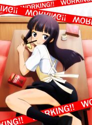  apron black_socks blush caution_tape commentary_request female food long_hair looking_back naruse pocky purple_eyes purple_hair skirt smile socks solo tsurime waitress working!! yamada_aoi 