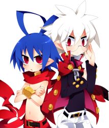  adjusting_eyewear albino antenna_hair bad_id bad_pixiv_id banned_artist belt blue_hair cape crossed_arms disgaea glasses laharl makai_senki_disgaea_3 male_focus mao_(disgaea) multiple_boys mushimaro no_pupils pointy_ears red_eyes scarf shirtless slit_pupils spiked_hair white_hair 