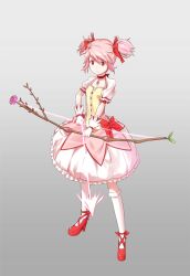  arrow_(projectile) bad_id bad_pixiv_id bow bow_(weapon) bubble_skirt choker dress female flower gloves grey_background hairbow kaname_madoka kaname_madoka_(magical_girl) magical_girl mahou_shoujo_madoka_magica mahou_shoujo_madoka_magica_(anime) pink_eyes pink_flower pink_hair pink_rose rose short_twintails simple_background skirt solo soul_gem tokumaro twintails weapon 