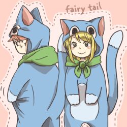  1boy :&gt; animal_costume cat_costume commentary_request copyright_name cosplay dotted_line erinan fairy_tail female happy_(fairy_tail) happy_(fairy_tail)_(cosplay) kigurumi lucy_heartfilia natsu_dragneel scarf 