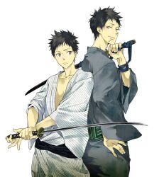  2boys bad_id bad_pixiv_id black_hair brown_eyes dual_persona japanese_clothes katekyo_hitman_reborn! kimono male_focus multiple_boys sword utako weapon yamamoto_takeshi 