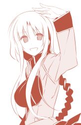  :d archerko_(himura_kiseki) arm_up braid breasts brown_theme fate/stay_night fate_(series) female himura_kiseki large_breasts long_hair monochrome open_mouth simple_background smile solo 