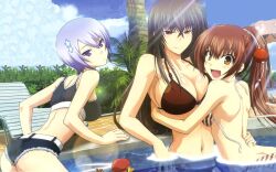  3girls :d arm_support ass back bare_shoulders bent_over bikini black_hair blue_hair blush body_blush breasts brown_bikini brown_eyes brown_hair bush chair cloud collarbone female fingernails hair_between_eyes hair_ornament hand_on_another&#039;s_back hand_on_back highres hug iwasaki_taisuke kawakami_kazuko kawakami_momoyo large_breasts lens_flare long_hair looking_at_viewer looking_back lounge_chair maji_de_watashi_ni_koi_shinasai! midriff multiple_girls navel official_art open_mouth outdoors partially_submerged ponytail pool purple_eyes red_eyes rubber_duck shiina_miyako smile striped striped_bikini striped_swimsuit sunlight swimsuit tree untied untied_bikini wallpaper water 