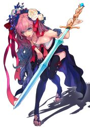  bad_id bad_pixiv_id becky_flina black_thighhighs blue_eyes blue_hair breasts cleavage female flower gradient_hair hair_flower hair_ornament hair_ribbon highres lipstick long_hair makeup multicolored_hair photoshop_(medium) pink_hair ribbon serenade_(sinohi) small_breasts solo sword sword_girls thighhighs weapon 