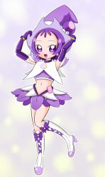  adjusting_clothes adjusting_headwear boots commentary_request company_connection cosplay dress earrings elbow_gloves female gloves hat heartcatch_precure! jewelry midriff navel ojamajo_doremi parody precure purple_eyes purple_hair sakurajima1go segawa_onpu short_hair smile solo toei_animation witch_hat 