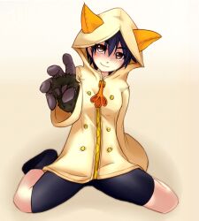  animal_ears artistic_error bakemonogatari bike_shorts blazblue blue_hair cat_ears commentary_request cosplay female hood hoodie kanbaru_suruga monkey_arm monogatari_(series) short_hair sitting socks solo taokaka taokaka_(cosplay) wariza wata_(pixiv3587138) yellow_eyes 