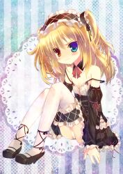  ankle_lace-up bare_shoulders blonde_hair blush boku_wa_tomodachi_ga_sukunai bridal_garter commentary_request cross-laced_footwear detached_collar detached_sleeves dress female flat_chest hairband hasegawa_kobato headdress heterochromia high_heels highres lolita_hairband panties pantyshot shoes sitting solo strap_slip tahya thighhighs two_side_up underwear white_panties white_thighhighs 