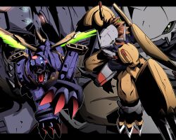  claws commentary_request digimon digimon_(creature) digimon_adventure gauntlets green_eyes helmet horns letterboxed metalgarurumon monster no_humans non-humanoid_robot open_mouth orange_hair red_eyes robot satsuki_mei_(sakuramochi) sharp_teeth spikes teeth wargreymon wings zoom_layer 