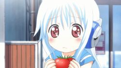  animated animated anime_screenshot brown_eyes female flower_(kowarekake) headphones imageboard_desourced kowarekake_no_orgel long_hair non-web_source solo tomato white_hair 