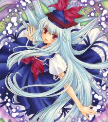  aoi_yuuka_(ao_no_kokoro) blue_hair commentary_request dress female hat kamishirasawa_keine long_hair red_eyes ribbon sitting smile solo touhou traditional_media very_long_hair 