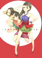  3girls :p aqua_shorts a~chan bad_id bad_pixiv_id blue_shirt brown_eyes brown_hair green_skirt grin group_name hair_bun hair_over_shoulder halterneck hand_on_own_hip highres kashiyuka long_hair looking_at_viewer multiple_girls nocchi_(perfume) on_one_knee perfume_(band) pink_shirt pink_skirt red_footwear red_shirt salute shirt short_hair shorts single_hair_bun skirt smile song_name standing tongue tongue_out wristband yellow_shirt yoshito 