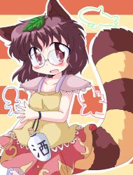  animal_ears bottle brown_hair commentary_request female futatsuiwa_mamizou geetsu glasses jaggy_lines leaf leaf_on_head oekaki raccoon_ears raccoon_tail skirt solo tail touhou upper_body 