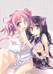  2girls akemi_homura animal_ears apron black_hair cat_ears cat_tail commentary_request hairband kaname_madoka kazekawa_nagi long_hair looking_at_viewer looking_back mahou_shoujo_madoka_magica mahou_shoujo_madoka_magica_(anime) multiple_girls naked_apron pink_eyes pink_hair purple_eyes short_hair smile tail twintails 