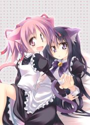  2girls akemi_homura animal_ears apron black_hair cat_ears cat_tail commentary_request hairband kaname_madoka kazekawa_nagi long_hair looking_at_viewer looking_back mahou_shoujo_madoka_magica mahou_shoujo_madoka_magica_(anime) maid multiple_girls pink_eyes pink_hair purple_eyes short_hair smile tail twintails 