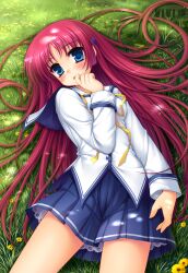  blue_eyes blush commentary_request da_capo da_capo_i dress female from_above grass hair_ornament hairclip hand_on_own_face long_hair lying photoshop_(medium) red_hair school_uniform shirakawa_kotori shy solo very_long_hair vivi_tong 