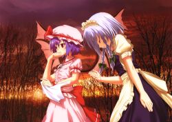  2girls absurdres bat_wings blood bowing braid closed_eyes closed_eyes female hand_to_mouth hand_to_own_mouth handkerchief hat highres horizon izayoi_sakuya maid maid_headdress multiple_girls outstretched_hand purple_hair red_eyes remilia_scarlet short_hair silver_hair sky sunset touhou tree twin_braids wings wiping wrist_cuffs yasuyuki 