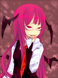  bad_id bad_pixiv_id bat_wings blood crazy_eyes dress_shirt female finger_to_mouth head_wings heart koa_(phrase) koakuma koishi_komeiji&#039;s_heart-throbbing_adventure long_hair long_sleeves necktie no_nose red_eyes red_hair red_necktie shirt skirt skirt_set solo spoilers star_(symbol) tmk_(tmk92) touhou translated very_long_hair vest wings yandere 