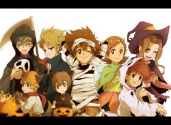  3girls 5boys :d :q animal_ears arms_behind_head bad_id bad_pixiv_id bell blonde_hair blue_eyes blue_hair brother_and_sister brothers brown_eyes brown_hair cat_ears cosplay death_(entity) digimon digimon_adventure fairy ghost gloves grim_reaper halloween hat ishida_yamato izumi_koshiro jack-o&#039;-lantern jingle_bell kido_jo letterboxed long_hair mask midriff mimxxpk multiple_boys multiple_girls mummy navel oerba_yun_fang one_eye_closed open_mouth pointy_ears pumpkin red_eyes scarf scythe short_hair siblings smile tachikawa_mimi tail takaishi_takeru takenouchi_sora tongue tongue_out torn_clothes vampire werewolf whiskers witch witch_hat wolf_ears wolf_tail yagami_hikari yagami_taichi 