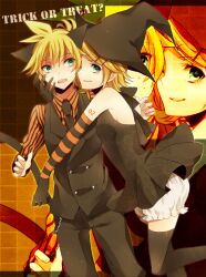  1boy aqua_eyes bad_id bad_pixiv_id black_dress black_legwear black_necktie blonde_hair bloomers brother_and_sister dress elbow_gloves female formal gloves hair_ornament hairclip halloween hat highres kagamine_len kagamine_rin leg_up looking_at_another looking_at_viewer necktie noka_(blackheart1118) one_eye_closed orange_shirt pants shirt short_dress short_hair siblings sleeveless sleeveless_dress smile striped_clothes striped_gloves striped_shirt suit sweatdrop thighhighs trick_or_treat twins underwear vertical-striped_clothes vertical-striped_shirt vest vocaloid witch_hat zettai_ryouiki zoom_layer 