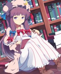  bad_id bad_pixiv_id blush book bookshelf crescent dress female hat highres long_hair mizukami_ryouma multicolored_clothes multicolored_dress pasutel patchouli_knowledge pink_dress purple_eyes purple_hair reading sitting solo striped_clothes striped_dress touhou white_dress 