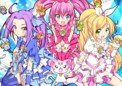  3girls beamed_sixteenth_notes blonde_hair blue_choker blue_eyes blue_skirt blush boots bow brooch brown_eyes choker colorized commentary_request cure_beat cure_melody cure_rhythm dory eighth_note electric_guitar fary green_eyes guitar heart highres houjou_hibiki hummy_(suite_precure) instrument jewelry kurokawa_eren lary long_hair looking_at_viewer love_guitar_rod magical_girl midriff minamino_kanade miry multiple_girls musical_note navel noumin open_mouth pink_bow pink_choker pink_hair pink_wrist_cuffs precure purple_hair quarter_note rery seiren_(suite_precure) side_ponytail skirt smile sory suite_precure thigh_boots thighhighs tiry treble_clef twintails white_choker wrist_cuffs 